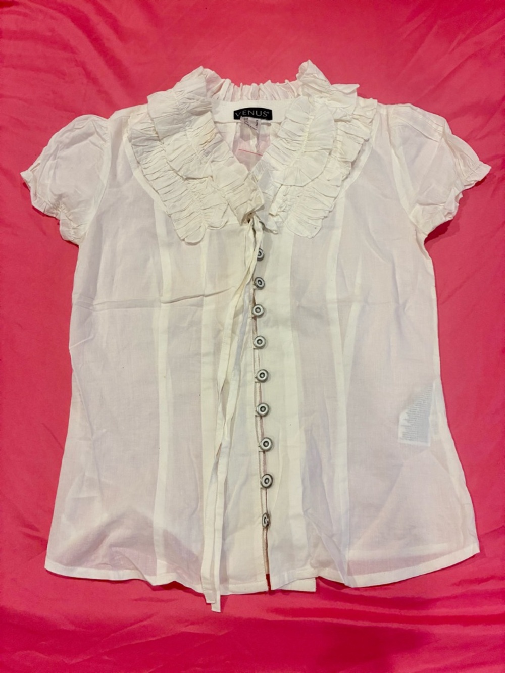VENUS White Ruffled Collar Button-Front Top - short sleeve - summer top